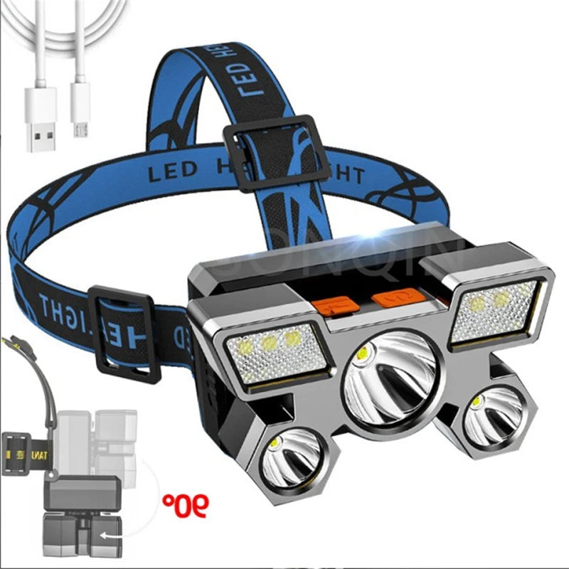 lampe frontale led rechargeable usb bleu noir réglable camping pêche nuit haute luminosité coque