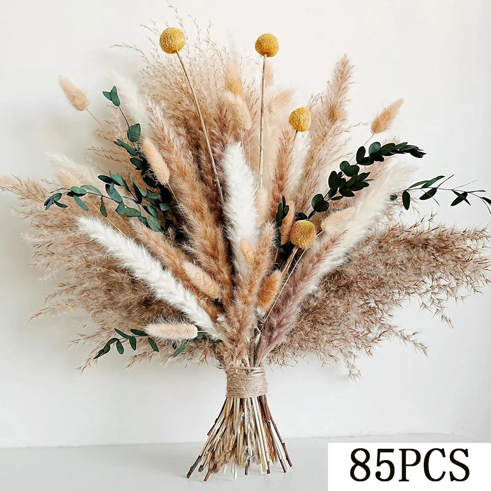 Bouquet fleurs séchées naturel marron beige violet blanc plumes pampas rustique maison table decoration