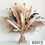 Bouquet fleurs séchées naturel marron beige violet blanc plumes pampas rustique maison table decoration