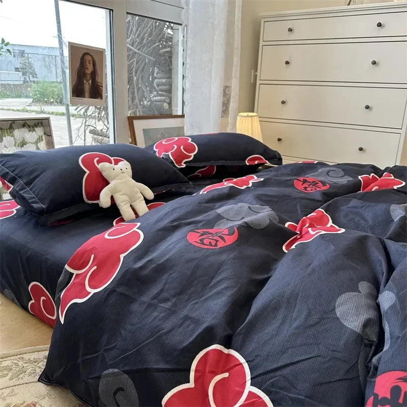 housse couette flanelle noir rouge nuages stylisés motifs circulaires taies d'oreiller oreiller coussin décoratif