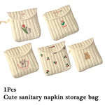 sac rangement serviettes hygiéniques réutilisable broderie fleurs animaux quadrillée fermeture glissière beige clair
