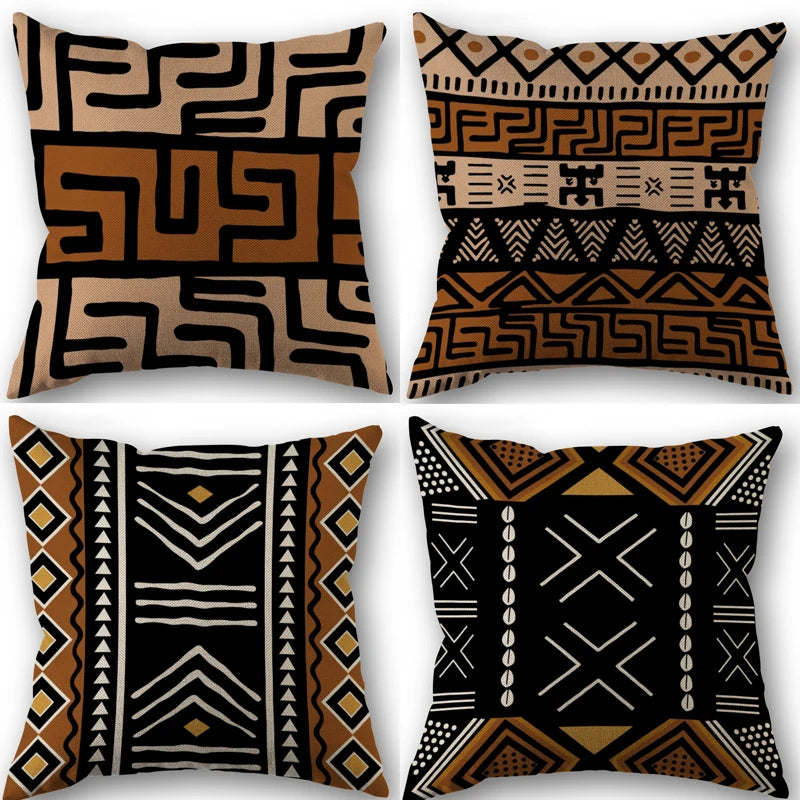 taies d'oreiller géométriques ethnique noir marron beige polyester non toxique respectueux environnement opaques maison