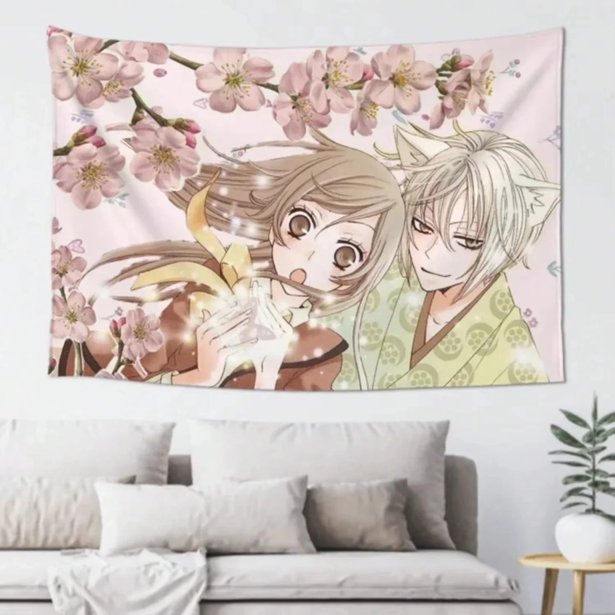 tapisserie murale anime fleurs cerisier visage animé rose clair beige vert blanc chambre salon