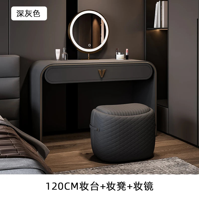 coiffeuse moderne maquillage miroir lumineux tabouret compartiments tiroirs étagère arrière beigeclair minimaliste