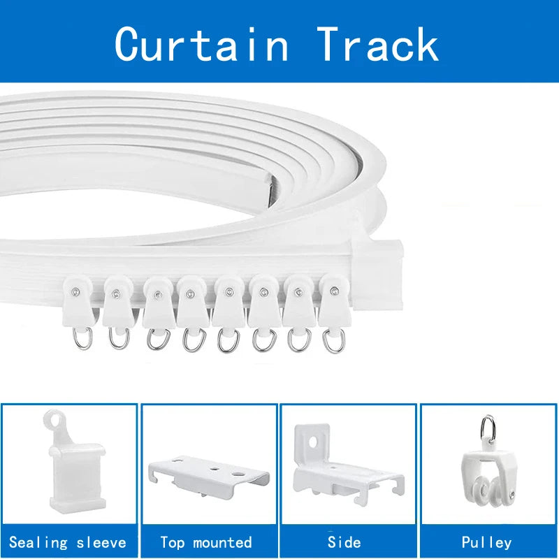 rails rideaux courbés pvc blanc flexible accessoires anneaux boucles poulies supports minimaliste