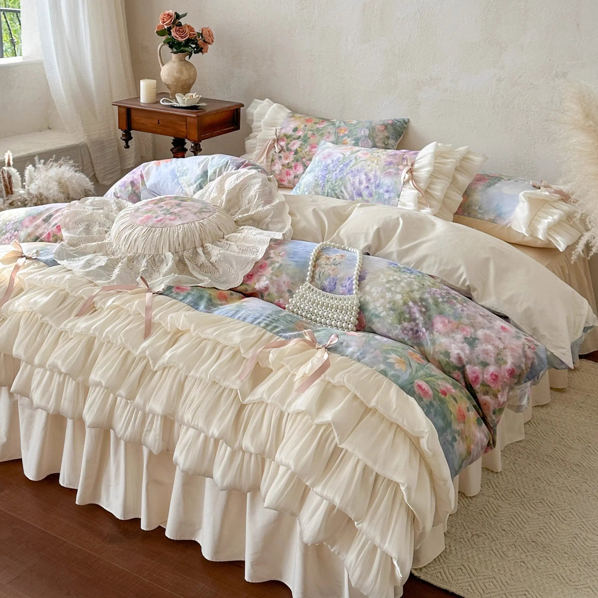 drap housse coton floral vintage romantique pastel 4pièces cœur beige clair
