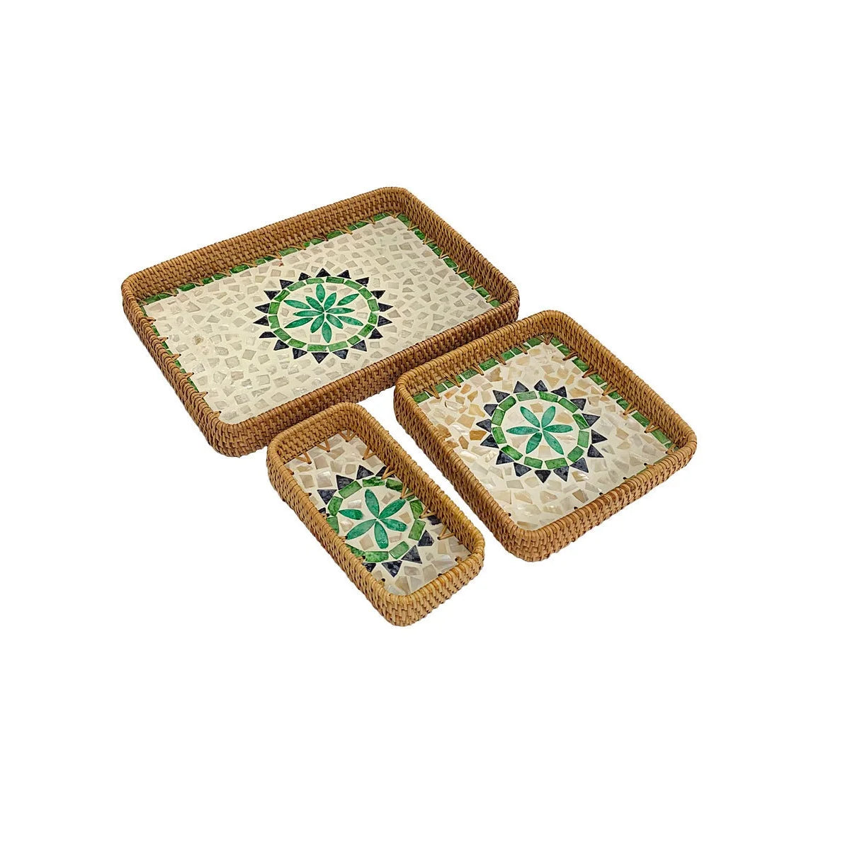 ensemble assiettes décoratives rotin motifs floraux boho rustique beige vert bleu blanc