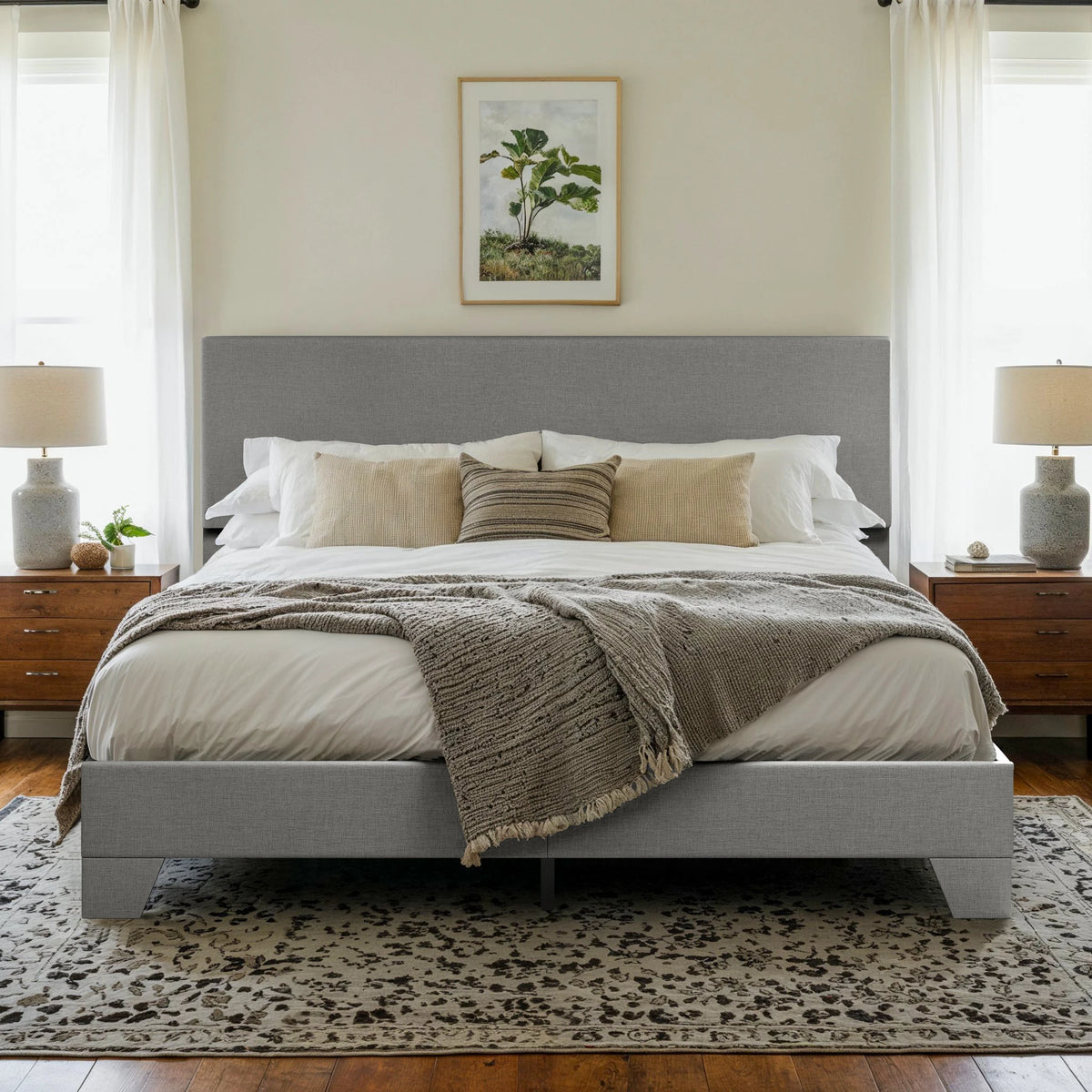 lit gris moderne tissu uni cadre assemblage matelas recommandé boîte springs adjustable headboard