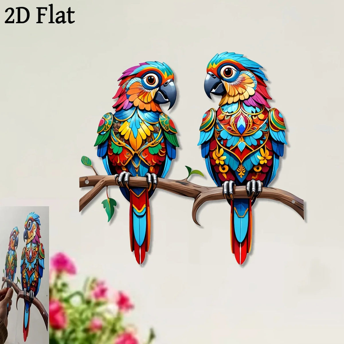 décoration murale oiseau métal bleu vert rouge ornements floraux artisanal patio jardin salon chambre