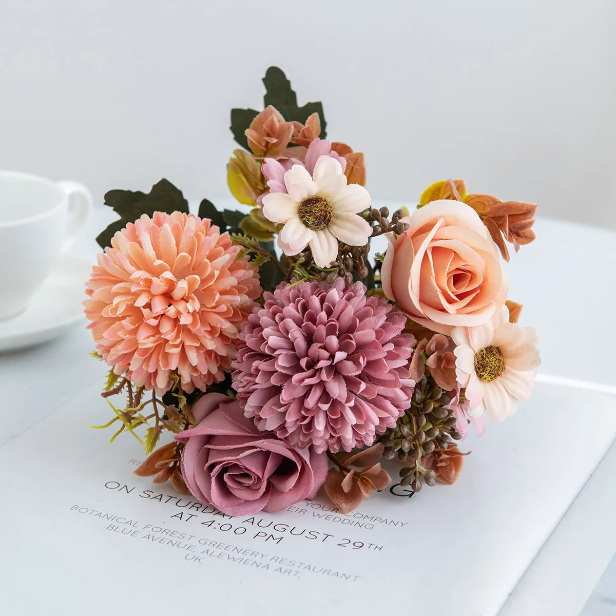bouquet fleurs artificielles roses soies classiques romantiques blancs roses orangers marrons intérieur décoration mariage