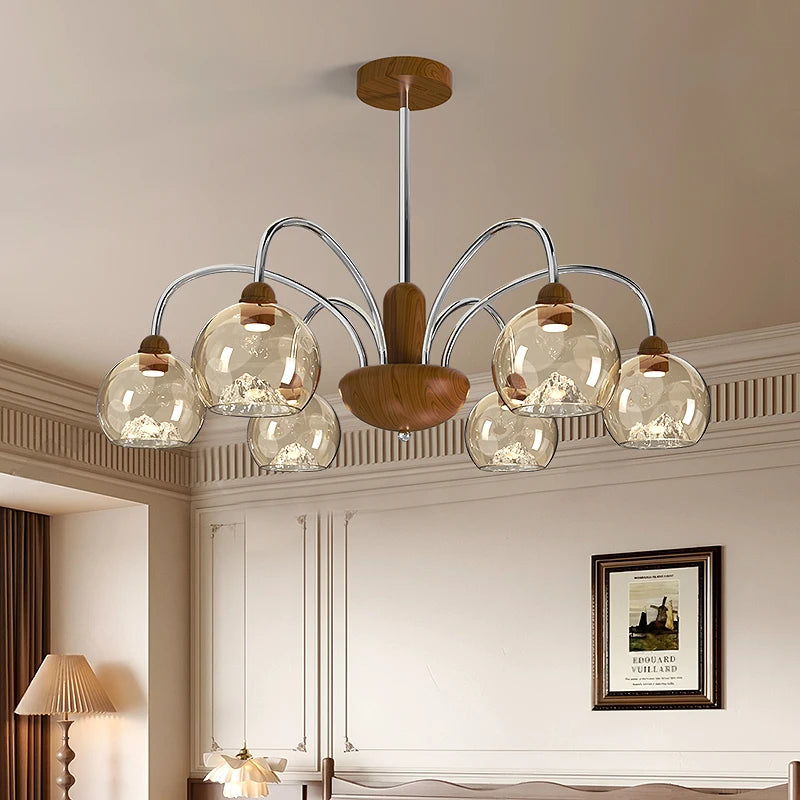 lustre suspension moderne verre transparent noir plusieurs globes led salon salle manger intérieur