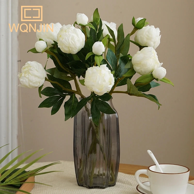 pivoines artificielles soie rose blanc vert décoration maison mariage anniversaire transparent vase