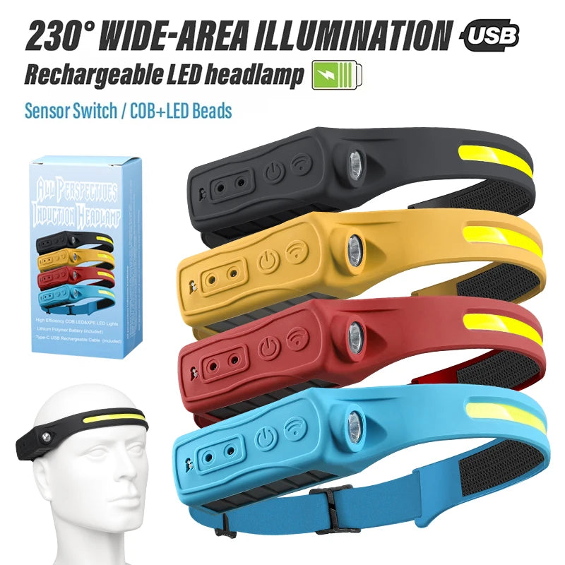 lampe frontale rechargeable led noir bleu jaune rouge silicone flexible modernes camping pêche modes
