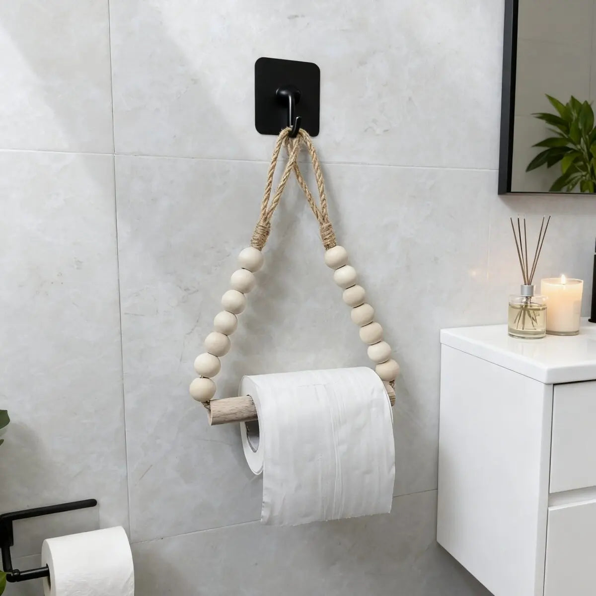 porte rouleau papier toilette blanc bois corde boho rustique suction chambrehôtelDecorationMaison