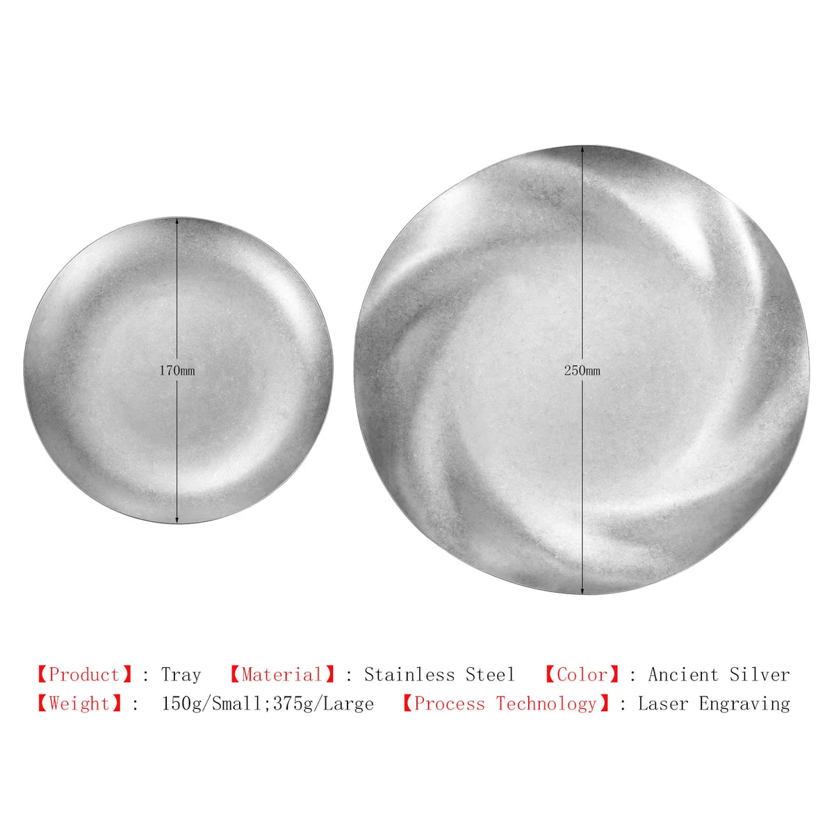 assiette ronde acier inoxydable argent antique texture métallique moderne logo gravé second cup