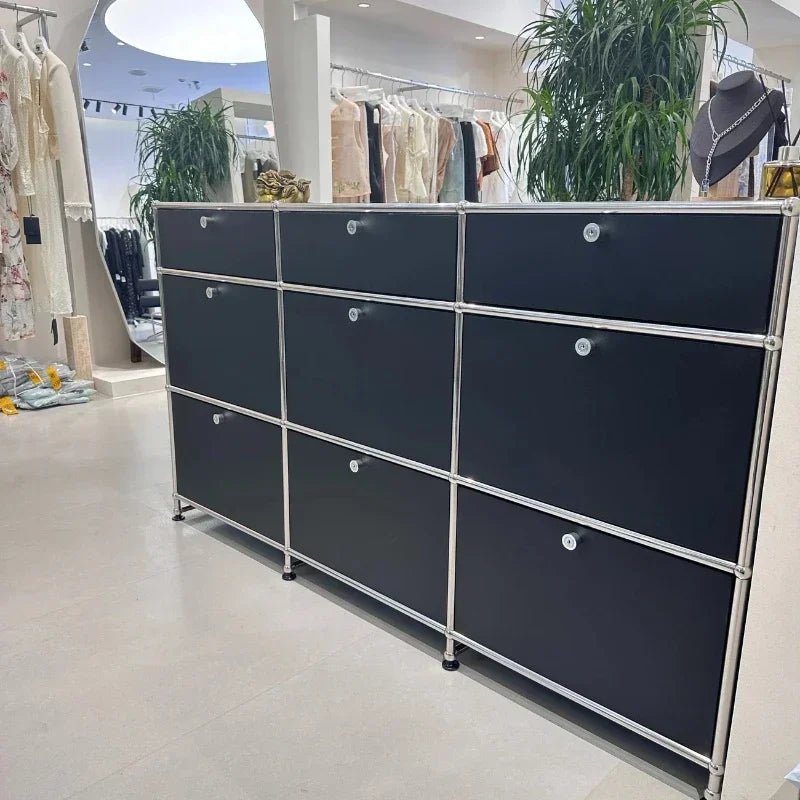 meuble tiroirs bleu marine moderne pieds ronds tiroirs store living room bois métal