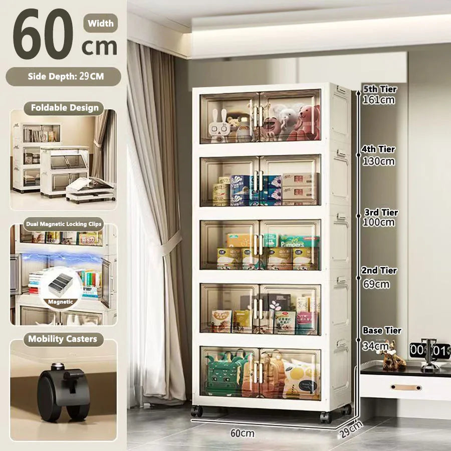 meuble rangement modulable blanc roulettes portes transparentes rayures verticales modernes
