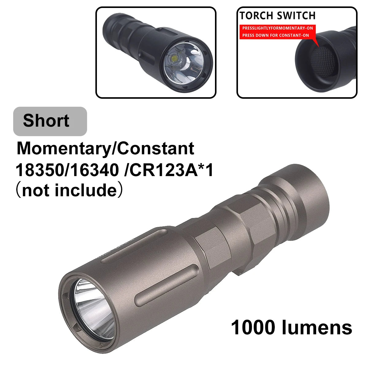 lampe torche led noire dorée texturée moderne 1300 lumens picatinny clip robuste