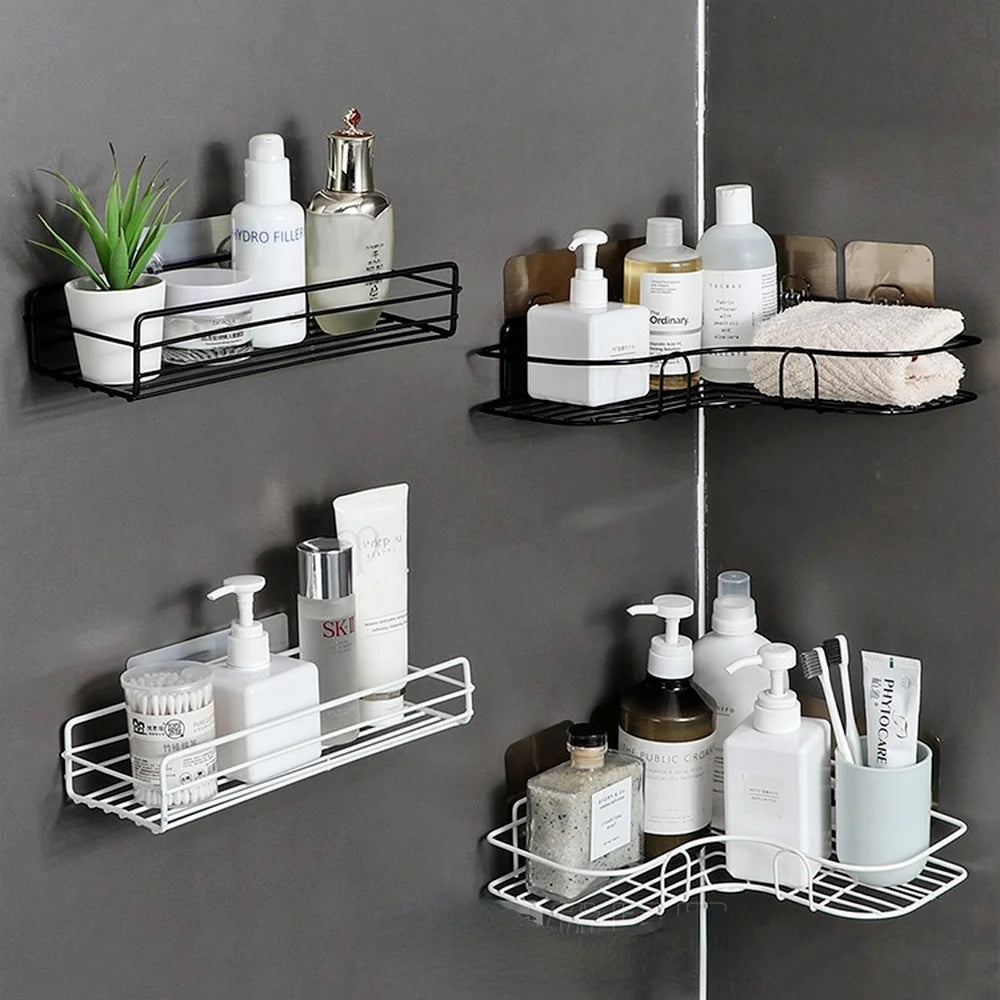 étagères rangement noir blanc grille métallique moderne minimaliste clips adhésifs bouteilles cosmétiques brosse dents