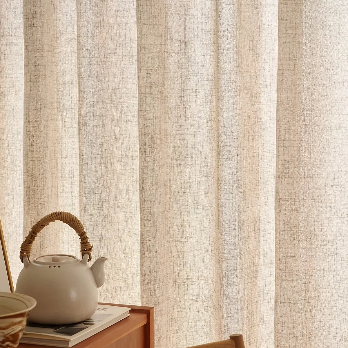 rideau moderne polyester crème texture lin semi transparent intérieur largeur 132cm différentes longueurs