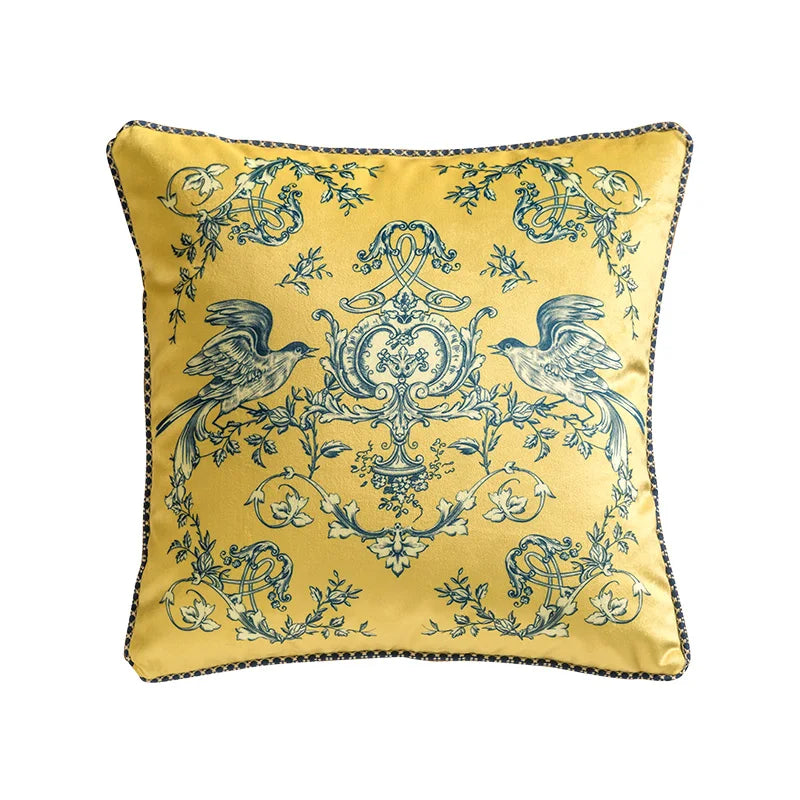 coussin jaune motif floral bleu classique tissu polyester respectueux environnement maison decoration adhésif
