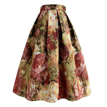 jupe fleur vintage coton polyester mi mollet taille haute poches ceinture femme multicolore opaques
