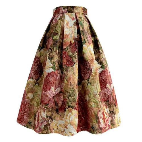 jupe fleur vintage coton polyester mi mollet taille haute poches ceinture femme multicolore opaques