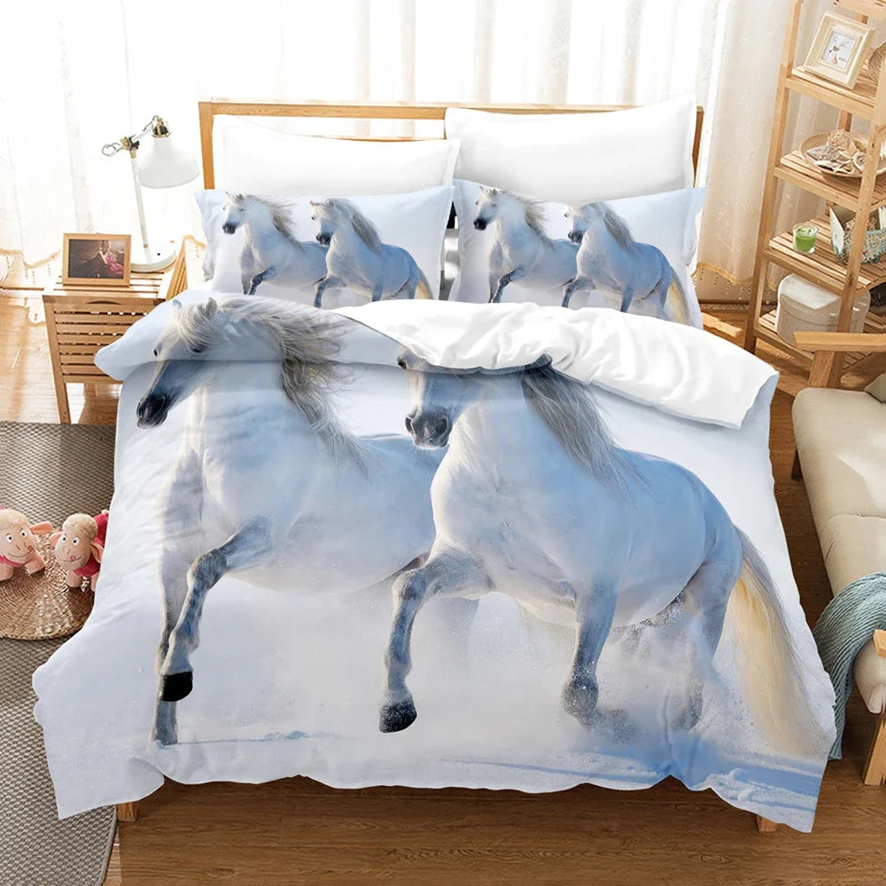 Détail de l'impression 3D cheval sur la housse de couette