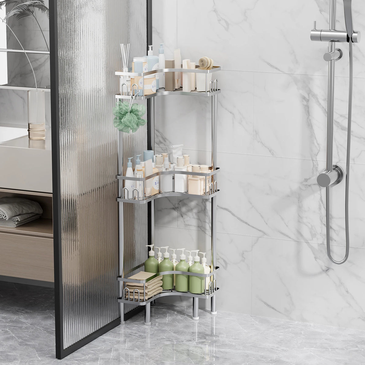 étagère angle salle bain acier inoxydable noir moderne rangement bouteilles serviettes brosse dents