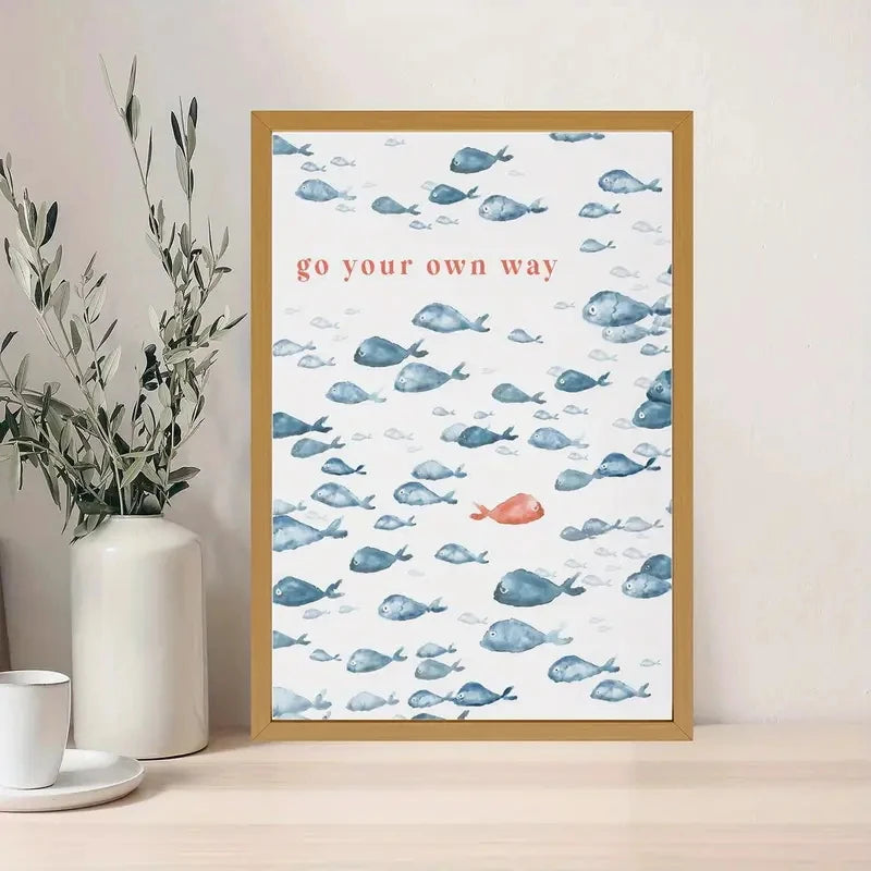 affiche murale poissons bleus fond blanc texte rouge moderne minimalisteintérieur extérieur salon chambre 21x30cm