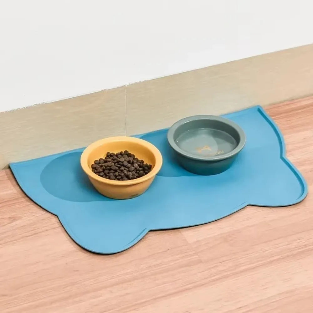 tapis repas animaux compagnie gris bleu orange rose moderne imperméable caoutchouc bols easy clean
