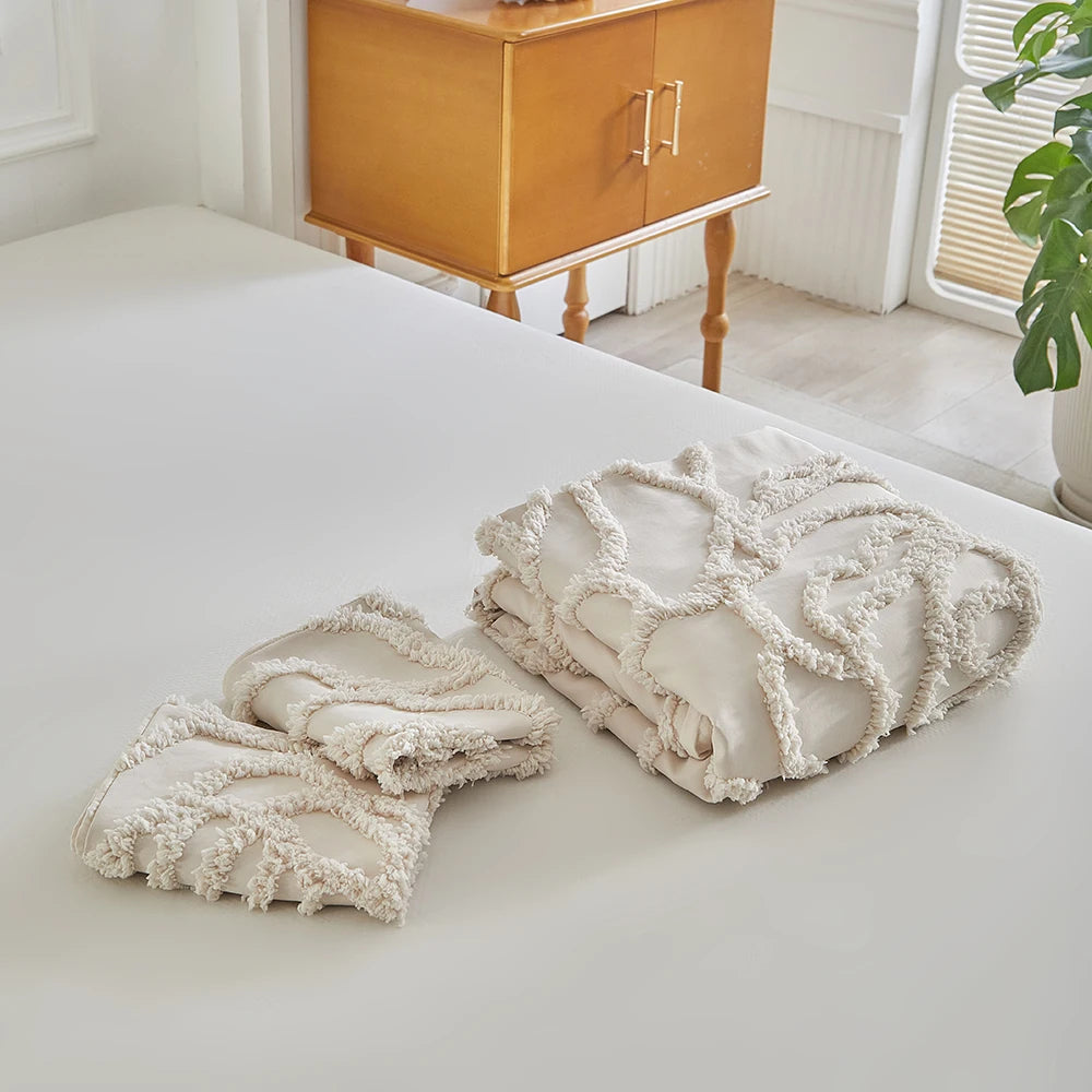 housse couette taies d'oreiller 3pc rose brodée franges classique lit king size polyester Jacquard