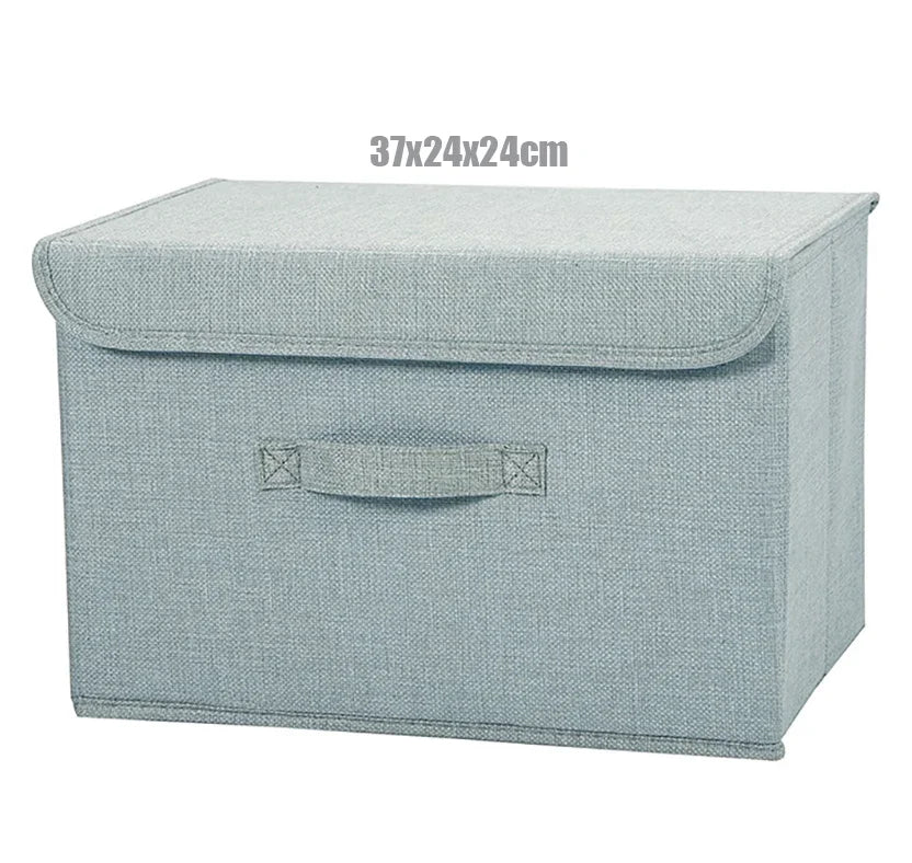 boîte rangement pliable tissu lin gris beige couvercle poignées vêtements