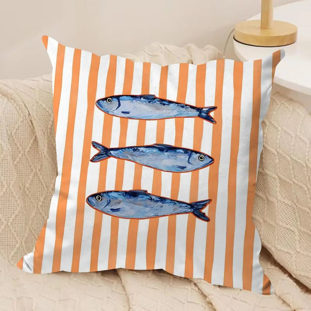 coussin carré jacquard rayures marine poissons crabe octopus multicolore 35cm 45cm 50cm 60cm doux