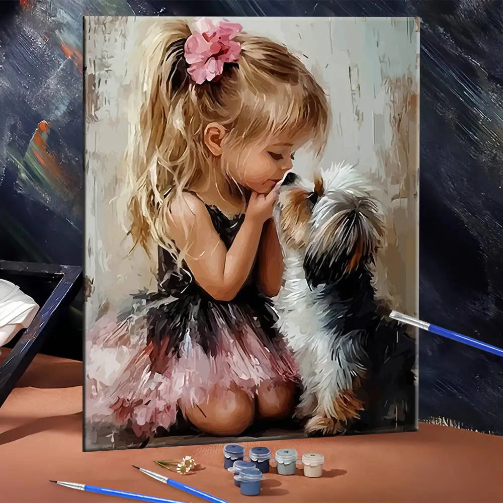 toile peinte petite fille chien pinceaux peintures artistique decoration maison craft fournitures