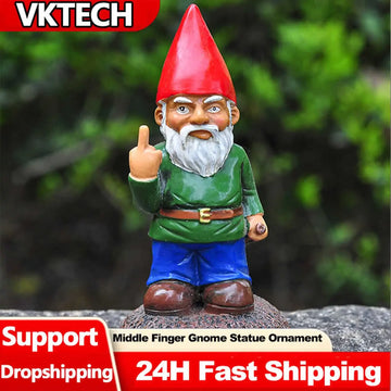 statue gnome jardin rouge vert bleu barbe blanche doigt levé humoristique extérieur résine texturée