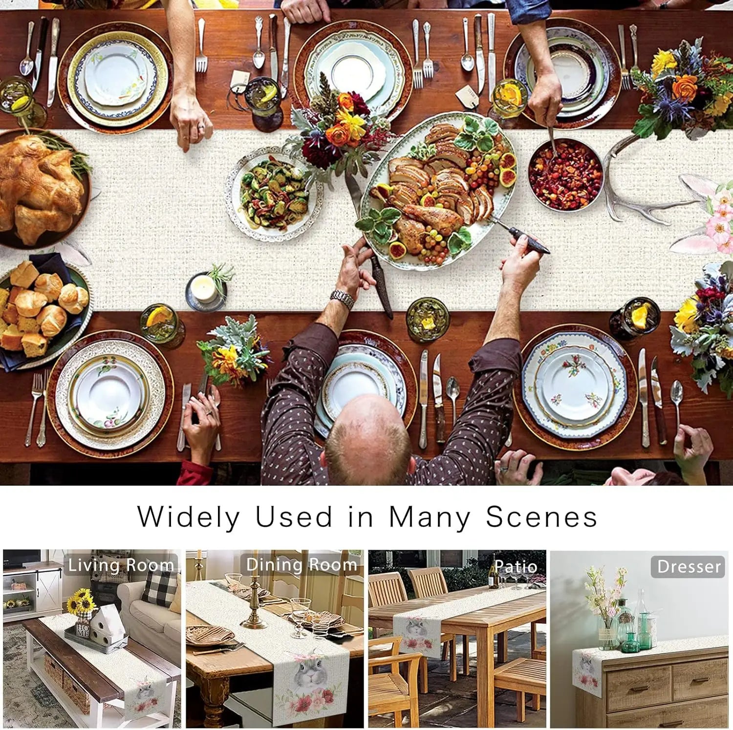 Cette image représente une table de fête richement décorée, avec de la vaisselle et des plats festifs, soulignant l'utilisation polyvalente de ces éléments dans diverses scènes d'intérieur comme le salon, la salle à manger, le patio et la commode.