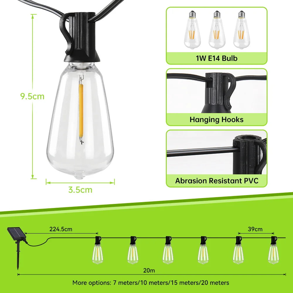 guirlande solaire extérieure jaune ampoules vintage 20m 42 ampoules led ip65