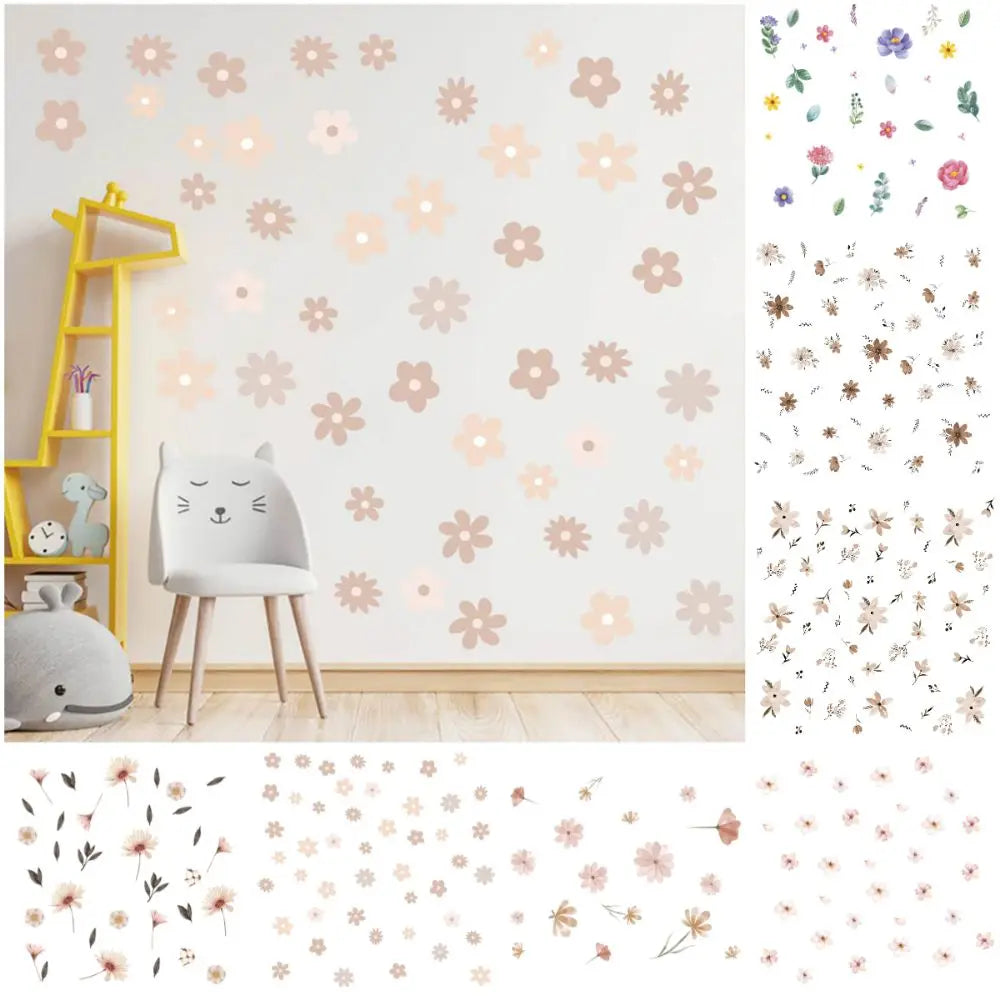 sticker mural fleur adhésif décoration enfantine champêtre minimaliste rose vert bleu jaune violet