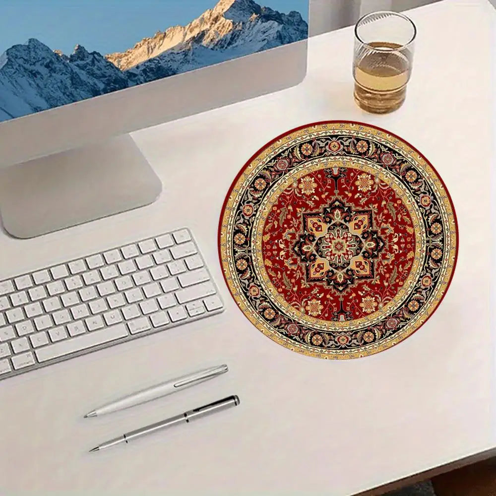 tapis rond vintage oriental persan motif floral ornements floraux rouge beige tapis souris antidérapant
