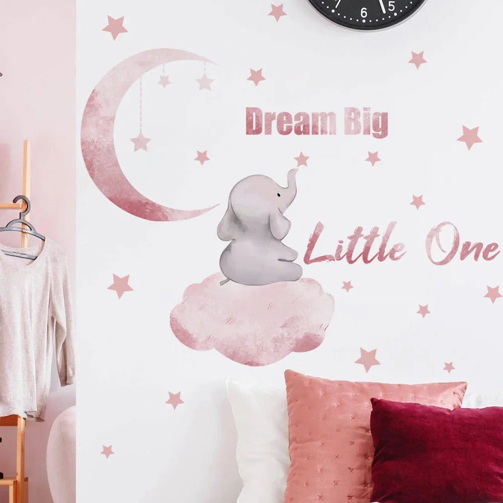 sticker mural éléphant nuage enfant illustration rose gris adhésif chambre bébé dream big little