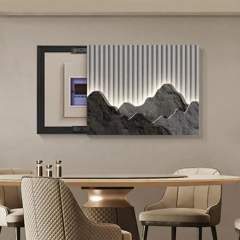 cadre mural contemporain noir montagne relief lignes lumineuses minimaliste fixations murales decoration interieur