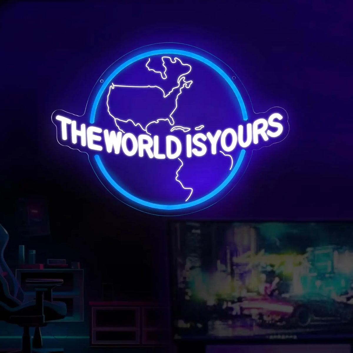 enseigne lumineuse néon carte monde THE WORLD IS YOURS bleu rose blanc fixations intérieur