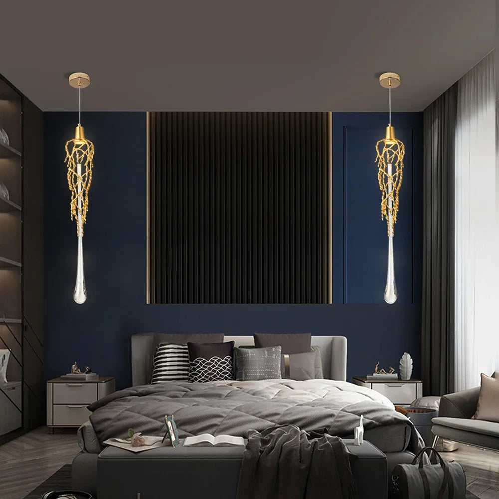 suspension lumineuse moderne or transparentes filigrane doré led câble suspendu élégante chambre salon