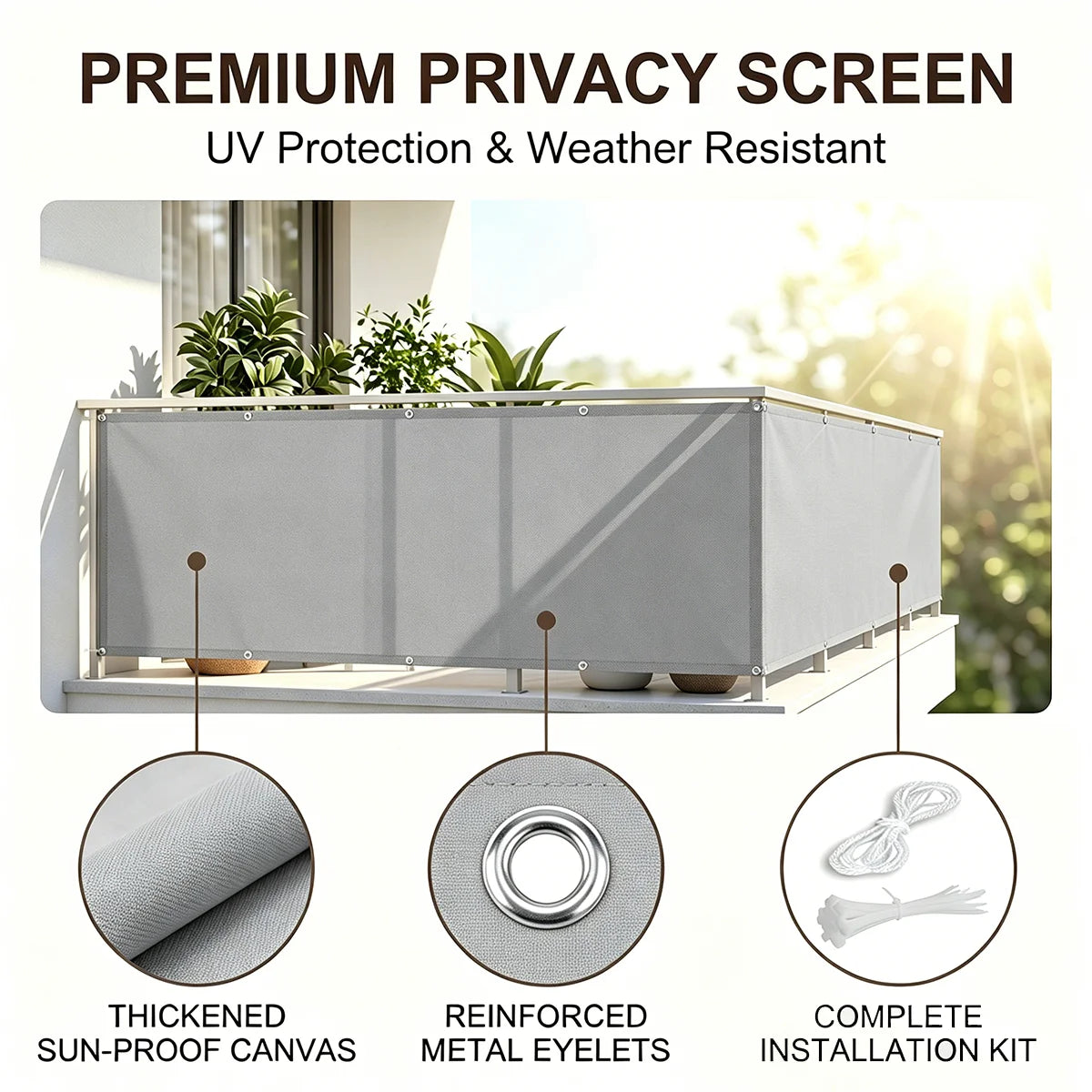 écran confidentialité gris moderne toile imperméable corde pinces uv protection balcon 80x300cm