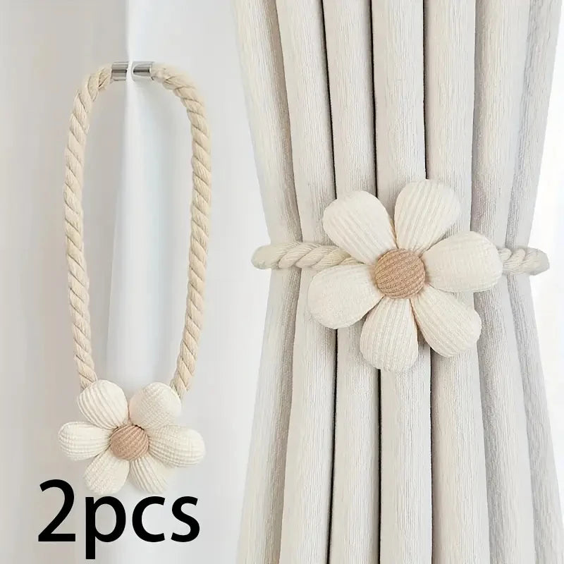 fournitures rideaux tissu fleurs beiges anneaux métalliques cordons coton décorative rustique moderne
