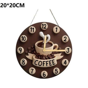 horloge murale décorative thème motifs grains chiffres noirs texte COFFEE crochets métalliques marron clair