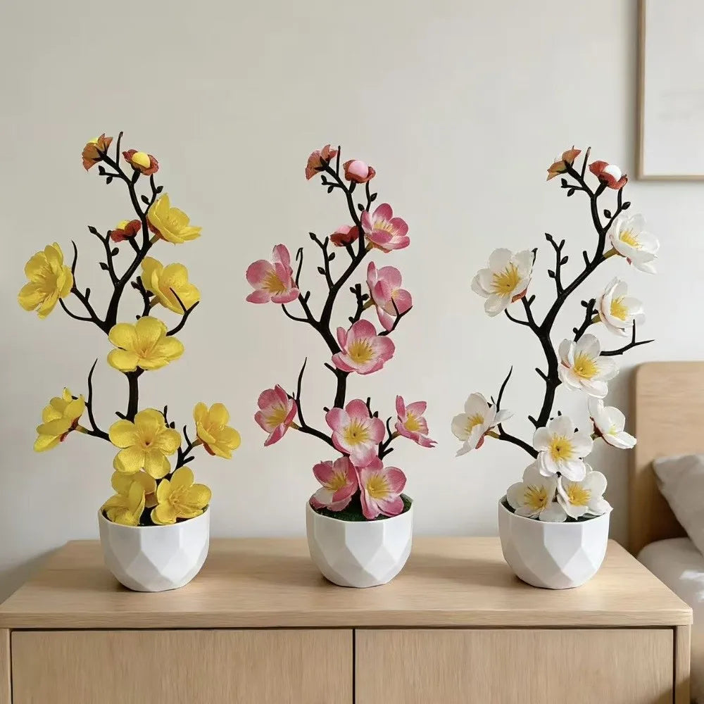 plantes artificielles fleurs jaunes roses rouges blanches pot géométrique intérieur moderne minimaliste