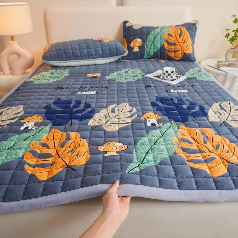 surmatelas matelassé coton polyester bleu gris moderne lit oreillers décoratifs fixations automne hiver