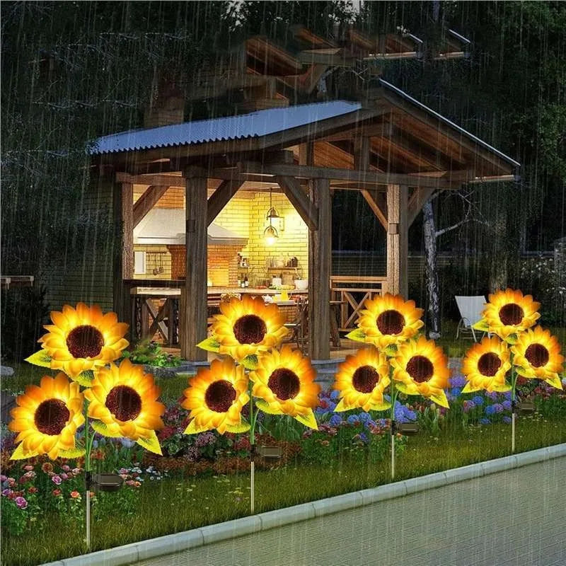 fleurs artificielles tournesol lumineuses jaune vert moderne jardin decoration exterieure solaire led piquet